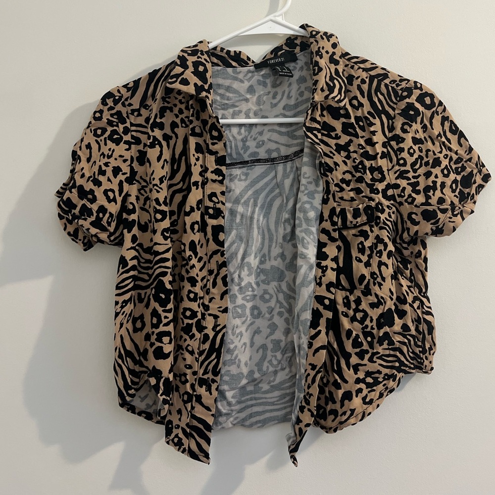 Forever 21 Leopard Print Button-Up Top - Black and Tan